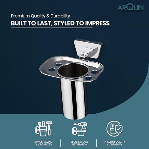 Image of Arquin Wall-Mounted Tooth Brush Holder for Bathroom, Tumbler Stand /304 Steel Bathroom Organizer with Glossy Finish Bathroom Accessories Chrome Finish Stand With Removable Cup (Aquarius Tumbler Holder)