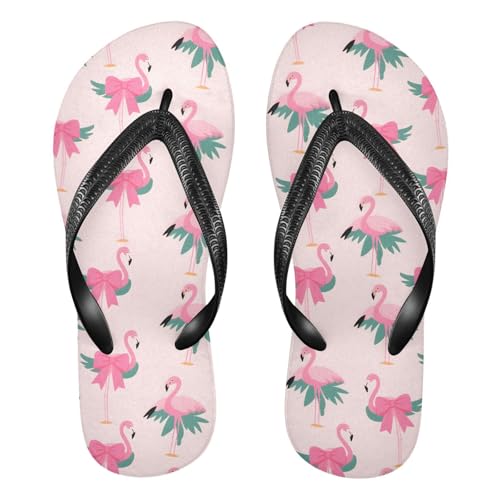 ALAZA Lovely Flamingo Bow Flip Flops for Women Fashion Beach Slippers Comfort Mens Flip Flops Non-Slip Rubber Shower Slippers Sandal for Hotel Travel Sport,XS