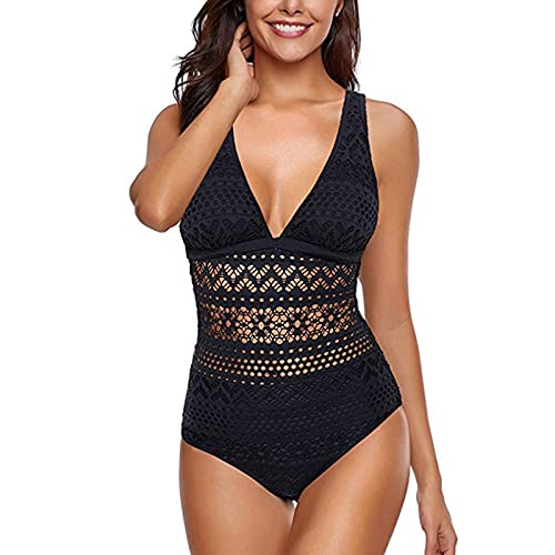 Maillot De Bain Femme 1 Pieces Sexy Amincissant Ventre Plat Coque Col V Dos Nu Évider Maillot De Bain Femmes 1 Pieces Bustier Echancre Push Up Natation (EU 38, Noir) Cover