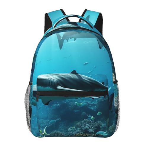 Casual Backpack for Women Men Sea with Sharks Lightweight Daypack Large Capacity Nurse Bag