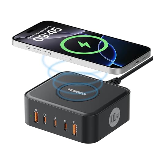 TOPREK 100W GAN Charging Station 15W Wireless Charger Power Strip 100W Fast Chager for USB-C3 60W for USB-A2 Simultaneous Fast-charging of 6 devices 1M Extension Lead for Home Office Travel