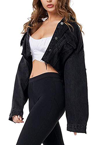 Women's Denim Jacket Distressed Oversized Short Crop Jean Top2