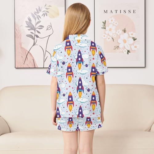 ALAZA Spaceship Cloud Star Pajamas Satin Pajama Set Short Sleeve Button Down Sleepwear4