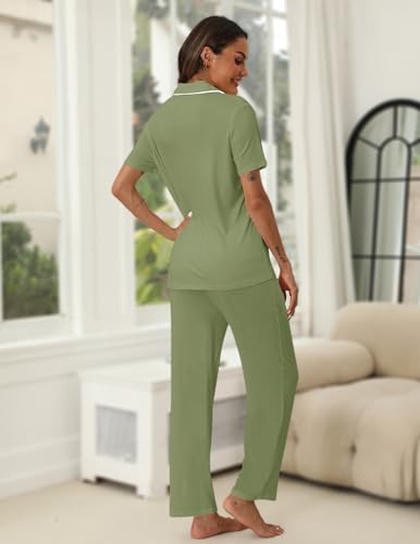 Image of HNG Women Pajamas Set 2 Piece Button Up Pajamas Pant and Short Sleeve Shirt for Woman Pj Sets with Pocket