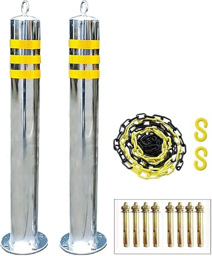 CukUJH Parking Guardrails 2 Parking Bollards and 5m Plastic Chain Stainless Steel Security Posts and Plastic Chain Set Reflective Tape Barriers(750mmx76mm)