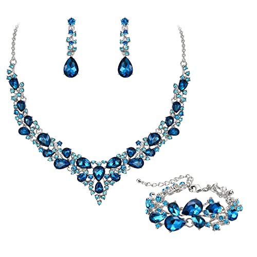 EVER FAITH Statement Halskette Ohrringe und Armband Set für Damen österreichische Kristall Tropfen Cluster Schmuckset Hell-Blau Silber-Tone