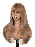 Twobla 26 Inch Warm Golden-Brown Wig with Bangs | 26 Inch Long Layered Synthetic Wig for Women | Heat Resistant, Realistic Scalp, Freestyle Parting | Wear & Go, No Glue Needed | Cosplay & Daily Use