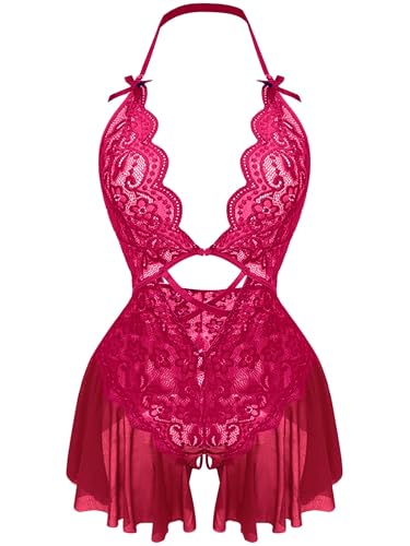 Rayson Lencería Mujer Babydoll Encaje Body Cuello en V Profundo Floral Ropa Interior Transpirable Malla Mini Vestido(Rojo vino)
