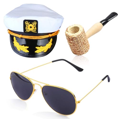 Beelittle Yacht Captain Hat Costume Accessories Set Sailor Hat with Captain Prop & Aviator Sunglasses (B)