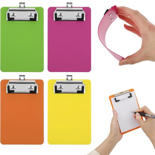 4 Pcs Mini Clipboard 4 x 6 Inch Small Clipboards A6 Clipboard Notepads Plastic Pocket Clipboard with Low Profile Clip for Classroom Office Supplies (4 Color)