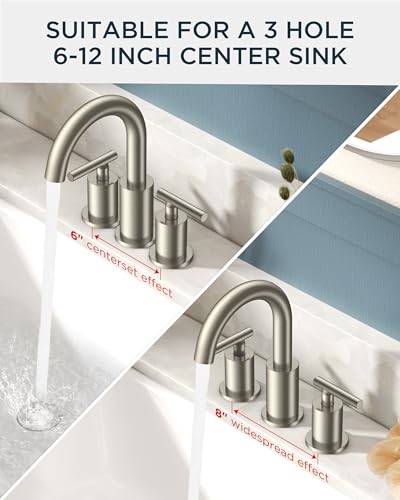 Image of FORIOUS Brushed Nickel Bathroom Faucet 3 Hole with Metal Pop Up Drain and 24 inch Supply Hose, 2 Handle 8 Inch Widespread 3 Hole Vanity Faucet for Bathroom Sink Brush Nickel with 360 Swivel Spout