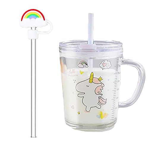 Banzimiao Taza de leche con paja, cristal transparente con paja, 350 ml, Tazas Medición Vaso Leche, vaso con pajita para Café Jugo Té Helado, unicornio, 350 ml | Ya disponible en tu tienda friki favorita! En mundofriki.es!