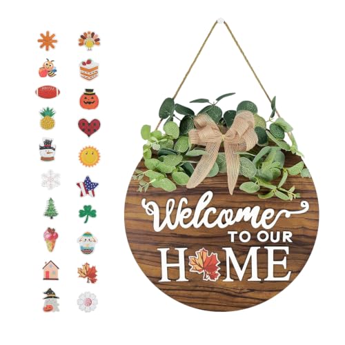 Interchangeable Seasonal Welcome Sign Front Door Decoration 4th of July Wreath Rustic Round Wood Wreaths Wall Hanging Outdoor Farmhouse Porch for Spring Summer All Seasons Holiday Independence Memorial Day Decor Bless This Home