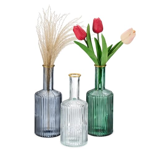 Relaxdays Vasen aus Glas, im 3er Set, Blumenvasen in Flaschenform, H x D: 20,5 x 8 cm, Dekovasen gerillt, Mehrfarbig