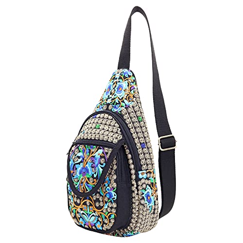 Image of SILKAREA Embroidered Boho Small Sling Bag for Women Travel Chest Bag Crossbody Backpack Purse Shoulder Bag (Blue)