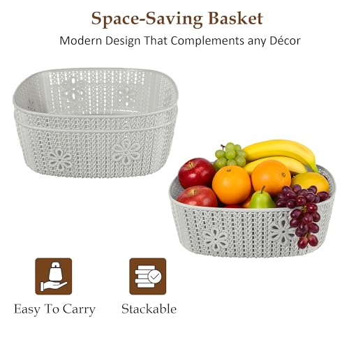 Image of Kuber Industries 2 Pcs Plastic Large Fruit Basket for Dining Table | Snacks, Groceries and Vegetable Basket for Kitchen Storage | Iceland Design - Grey
