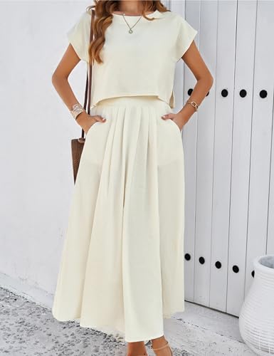 Image of HangNiFang Summer Skirt Sets Women 2 Piece Outfits Cap Sleeve Top Elastic Waist Maxi Dress Sets with Pockets