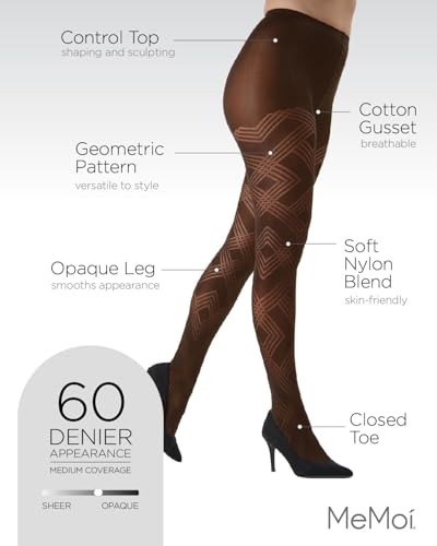 Image of MeMoi Geometric Pattern Control Top Tights, Smoothing Opaque Tummy Control Tights, 60 Denier - Sizes Small to Q2