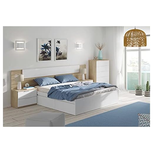 Miroytengo Habitación Matrimonio Completa Color Roble y Blanco Estilo nórdico (Cama + cabecero + 2 mesitas + cómoda)