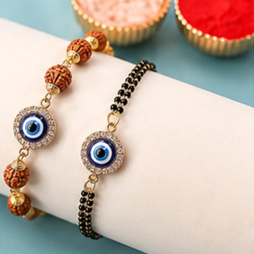 Image of Designer Evil Eye Couple Pair Rakhi for Brother Bhai Bhabhi | Premium Evil Eye Bracelet Rakhi Set for Bhaiya Bhabhi Gift, Rakshabandhan Greeting Card, Tilak Set,Home decor