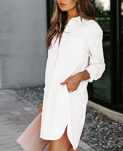Image of Aoudery Womens Button Down Shirt Dresses with Pockets Cotton Button Up Tunics Long Sleeve Solid High Low Blouse Tops