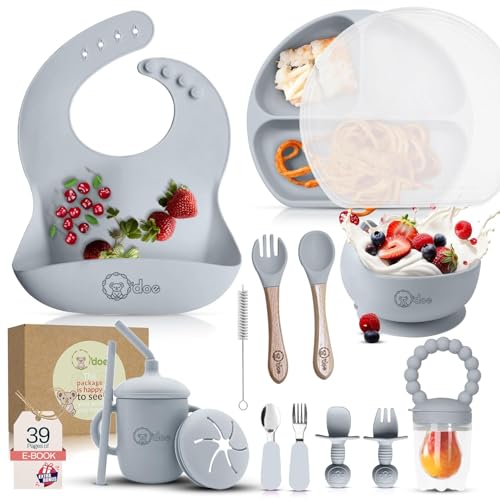 Image of O'doe 17-Piece BPA-Free Silicone Baby Feeding Set | Thick & Soft Suction Plates, Baby Bowls, Wooden Fork & Spoon, and More | Make Mealtime Fun and Easy for Your Little One (Grey, V2)