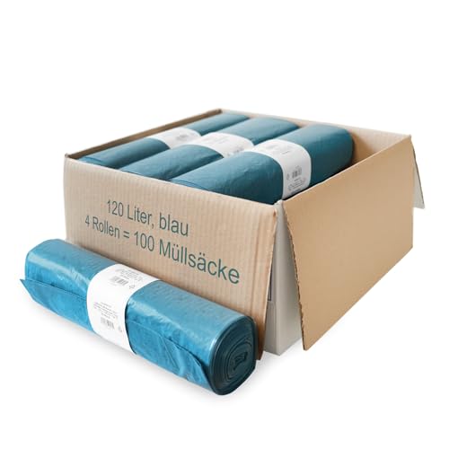 Hypafol LDPE-Regenerat Müllsäcke 120L Blau Typ 70 700x1100 mm Reißfest Recyclingmaterial 4 Rollen à 25 Stück (100 Beutel)