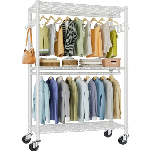 VIPEK R2 Plus Rolling Garment Rack 3 Tiers Adjustable Wire Shelving Clothes Racks with Wheels, Freestanding Wardrobe Storage Rack Heavy Duty Metal Clothing Racks for Hanging Clothes, White