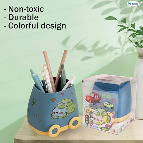Image of FunBlast Plastic Pen Stand for Study Table, Car Stationary Organizer with Kawaii Stickers, Pen Stand for Kids & Girls, Desk Organizer, Birthday Return Gifts for Kids (Blue)