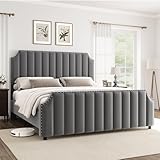 GarveeHome King Size Platform Bed Frame with 50.2 in Headboard, Velvet Upholstered Bed Frame King with Vertical Channel Tufted Headboard & Footboard, Nailhead Trim, No Box Spring Needed, Grey