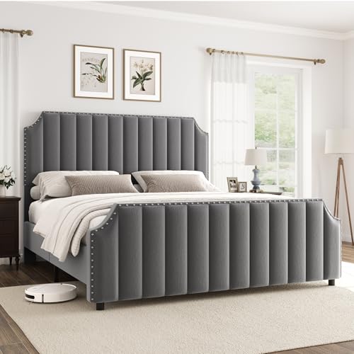 GarveeHome King Size Platform Bed Frame with 50.2 in Headboard, Velvet Upholstered Bed Frame King with Vertical Channel Tufted Headboard & Footboard, Nailhead Trim, No Box Spring Needed, Gre