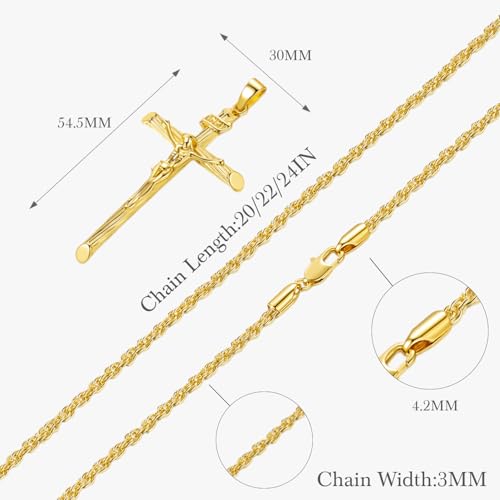 14K Gold Cross Necklace for Women for Men Jesus On Cross Crucifix Necklace Men & Women Faith Jewelry Presents 54.5mm 20/22/24in2