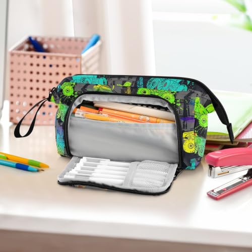 Image of Monster Trucks Print Pencil Case Pouch Big Capacity Pencil Bag Box Organizer Pen Case with Compartmens Stationery Organizer for Girls Boys Women School College Office