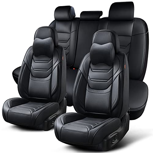 Image of TIEHESYT Black Car Seat Covers Full Set, Breathable Leather Automotive Front and Rear Seat Covers with Headrest, Waterproof Auto Seat Protectors Fit for Most Sedans SUV Pick-up Truck
