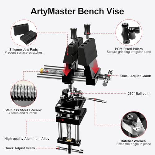Image of ArtyMaster 360 Rotating Bench Vise with Quick-Release Ratchet Wrench - Versatile Woodworking & Pipe Vise for Home Improvement - 4 Inch Workbench Vise for Carving, Repair & DIY Projects (WT117A)