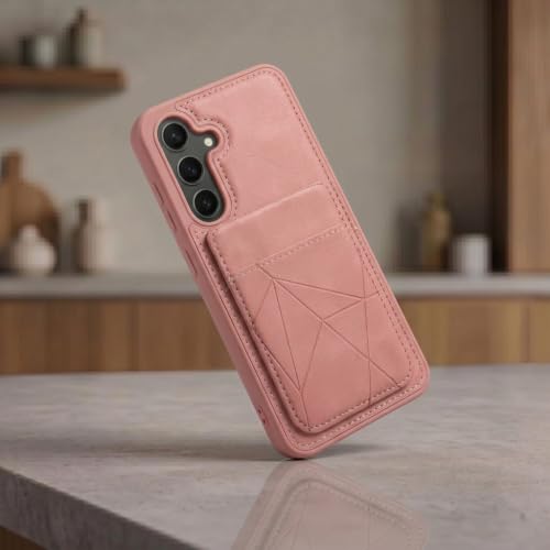 Image of amazon basics Premium Vegan Leather Back Cover with Card Holder and Integrated Mobile Stand for Samsung Galaxy S24FE 5G - Slim Shockproof Wallet Case with Geometric Stitching [Pink]