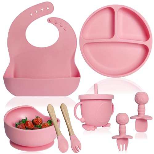 Bluet B Baby - Vajilla Bebe Silicona - Plato Bebe Ventosa - Vajilla Infantil Antideslizante sin BPA - Set Silicona Platos Bebe - Cubiertos Bebe BLW - 8 piezas - Rosa