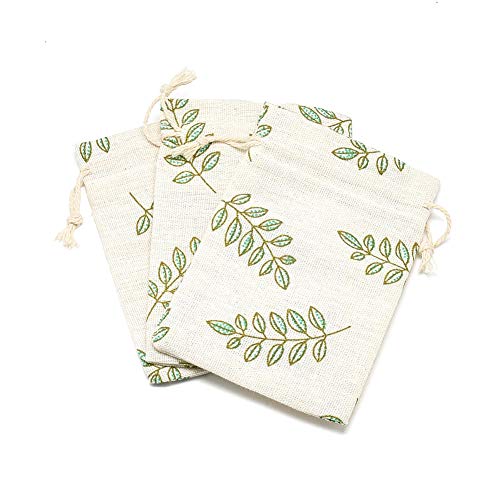 Super Big Clearance! KISSITTY 50 Pack Cotton Cloth Storage Bags with Drawstring 3.9x5.5 Inch Leaf Printed Reusable Jewelry Gift Pouches for Wedding Party Favor