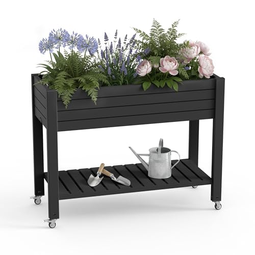 EasyUp 21 Gallon Raised Garden Bed with Legs and Wheels Raised Planter Box with Drainage Plug and Gauge Lower Shelf for Tools and Accessories Dust-Proof Resin for Patio and Backyard(Black)