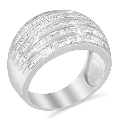 Original Classics .925 Sterling Silver 1.0 Cttw Baguette-Cut Diamond 6-Row Channel Set Domed Tapered Cocktail Fashion Ring (H-I Color, I2-I3 Clarity) - Size 6-3/4
