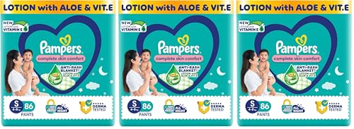 Image of Pampers Complete Skin Comfort Pants, Anti-rash blanket, Lotion with Vitamin E & Aloe Vera, Small size baby diapers (S) 86 Count, 4-8 kg (Pack of 3)