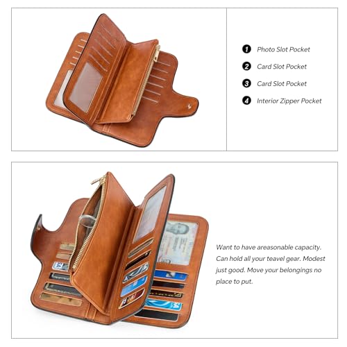 Image of CLUCI Wallet For Women PU Leather RFID Blocking Womens Wallet Bifold Card Holder with ID Window Gifts for Women Birthday, Oil wax Two-toned Brown, Large, Fashion