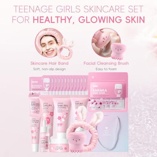 LAIKOU Sakura Skincare Set for Teen Girls, Complete 34PCS Face Care Kit, Christmas Pamper Gift Set for Women & Teenage Girls, Hydrating & Nourishing Travel-Friendly Daily Facial Skincare Routine