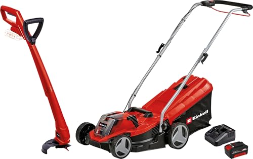 Einhell Kit d’outils de jardinage sans fil Power X-Change (coupe-bordures sans fil GC-CT 18/24 Li P et tondeuse à gazon sans fil GE-CM 18/33 Li, avec...