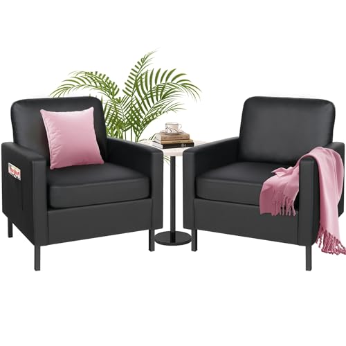 STHOUYN Black Faux Leather Accent Chair Set of 2 with Arms, Modern Small Accent Office Chair Set of...