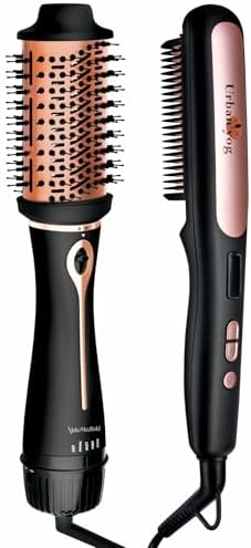 Urban Yog Hair Styling Combo | 3-in-1 Hot Air Brush and Electric Hair Straightener Brush | 1.5-inch Barrel, 1200 Watt, Multicolour & Black | Volumizer, Dryer, Straightener with Ceramic Coated Plates