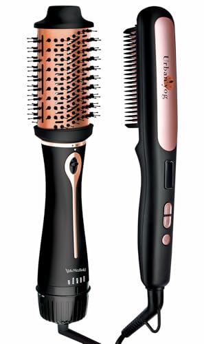 Image of Urban Yog Hair Styling Combo | 3-in-1 Hot Air Brush and Electric Hair Straightener Brush | 1.5-inch Barrel, 1200 Watt, Multicolour & Black | Volumizer, Dryer, Straightener with Ceramic Coated Plates