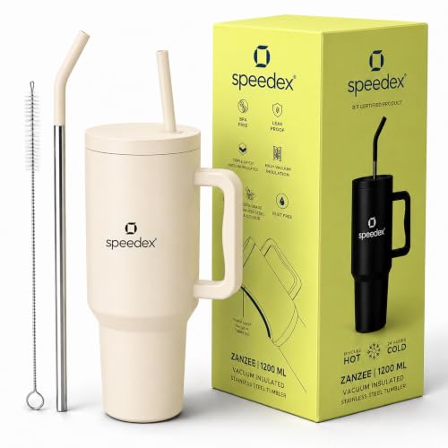 Image of Speedex 1200 ml Insulated Stainless Steel Tumbler with Handle, Straw & Cleaning Brush, Double Wall Leakproof Sipper Bottle, 24H Cold 18H Hot, Cup Holder Fit Travel Mug for Men Women (Cream, 1.2 l)