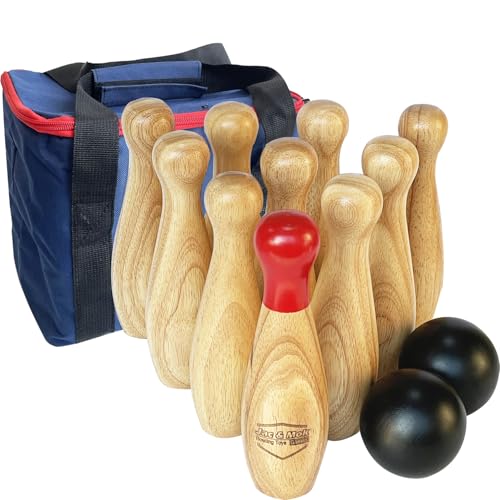 Bowlingspiel aus Holz, Wurfflaschen, Rasen-Spiel für die Familie, Spiel-Set mit Tragetasche (H 20 cm, 10 Stifte + 2 Bälle)