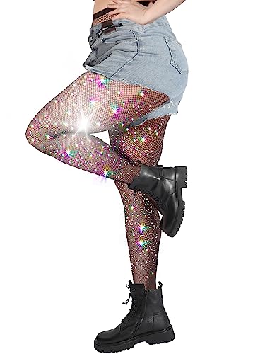 Image of DancMolly 10X Strong Ultra Sparkly Rhinestone Fishnet Stockings, Plus Size Sparkle Tights for Women Sexy Party Concert Outfit